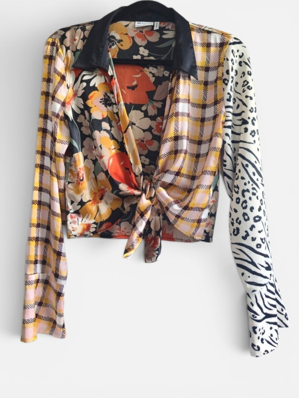 ASOS Design Maximalist Mixed Print Tie Front Crop Blouse Size US 10